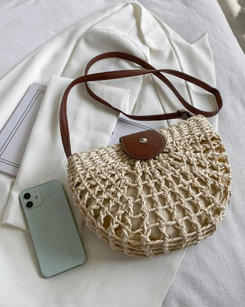 Bolso de paja hueco semicircular de estilo bohemio