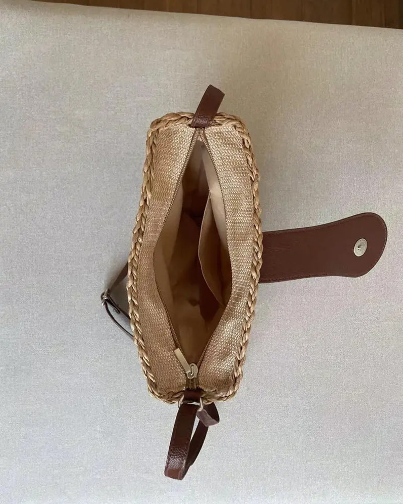 Bolso de paja hueco semicircular de estilo bohemio