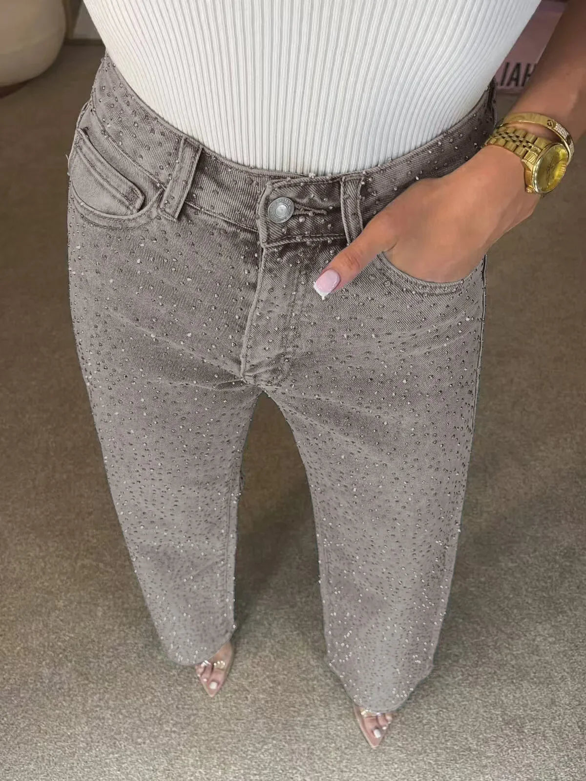 Vaqueros de denim con pedrería para mujer