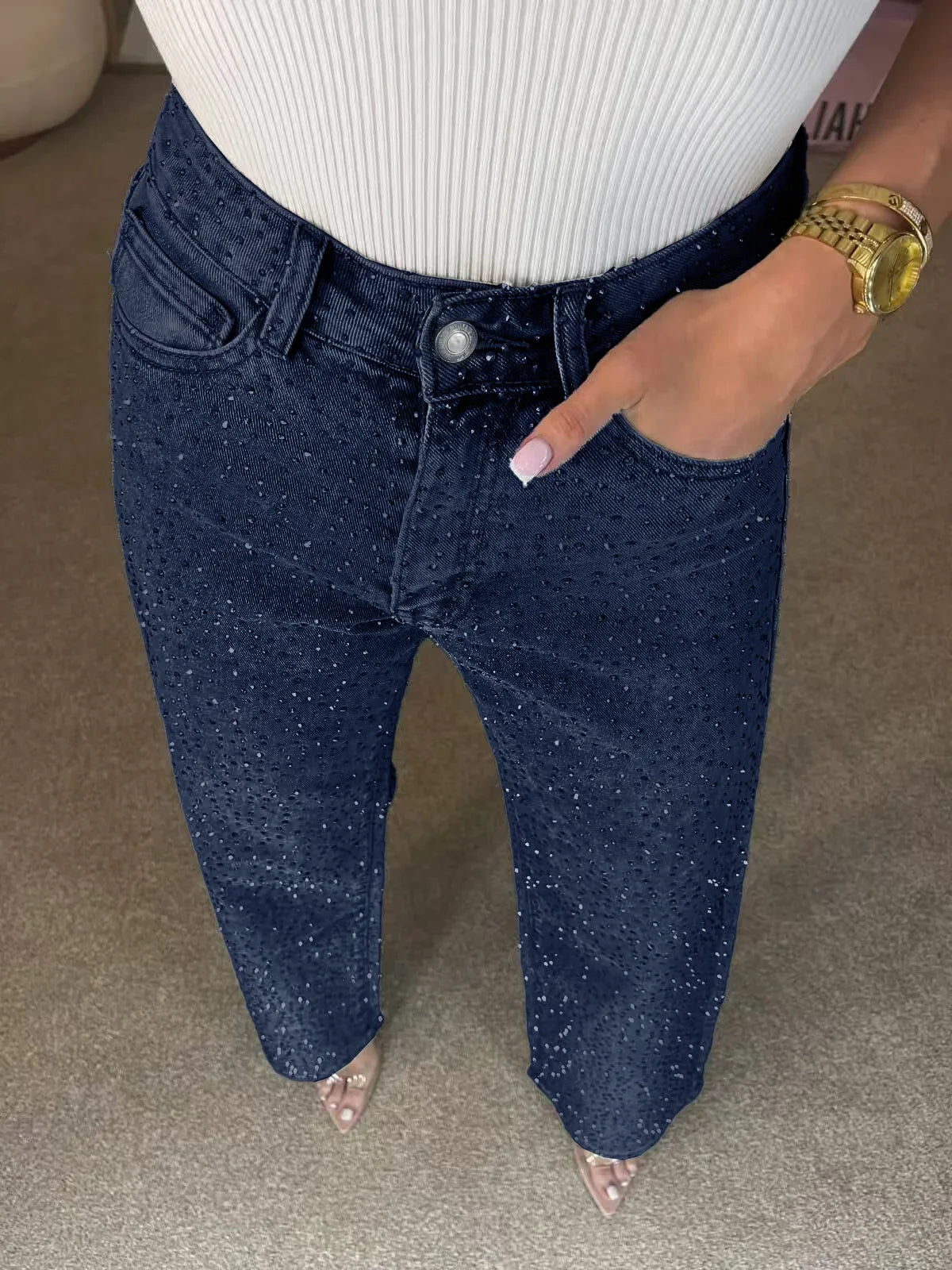 Vaqueros de denim con pedrería para mujer