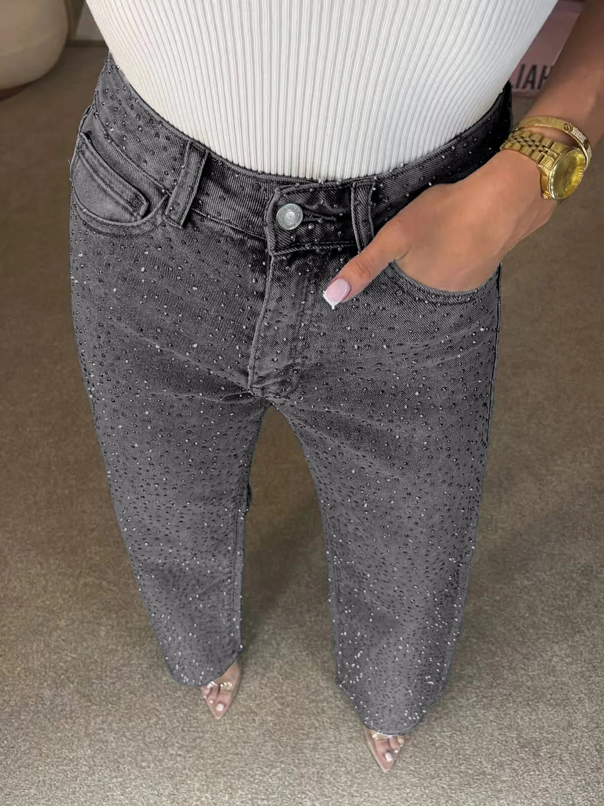 Vaqueros de denim con pedrería para mujer