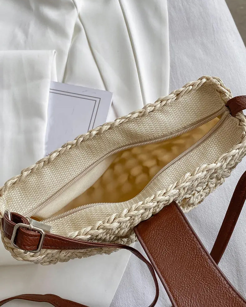 Bolso de paja hueco semicircular de estilo bohemio